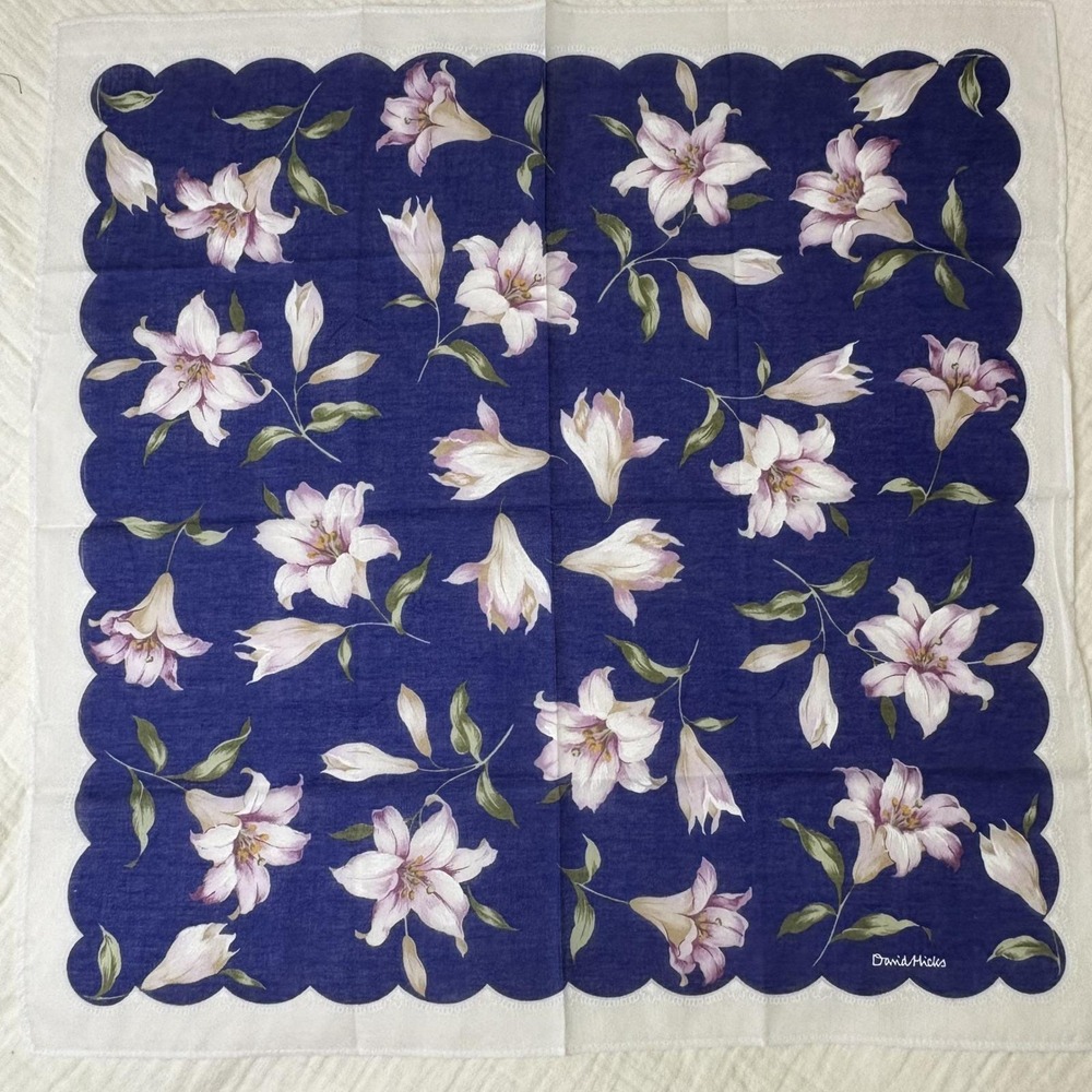 David Hicks Scarf Handkerchief Floral Scalloped Cotton Purple White Lily 17.5"